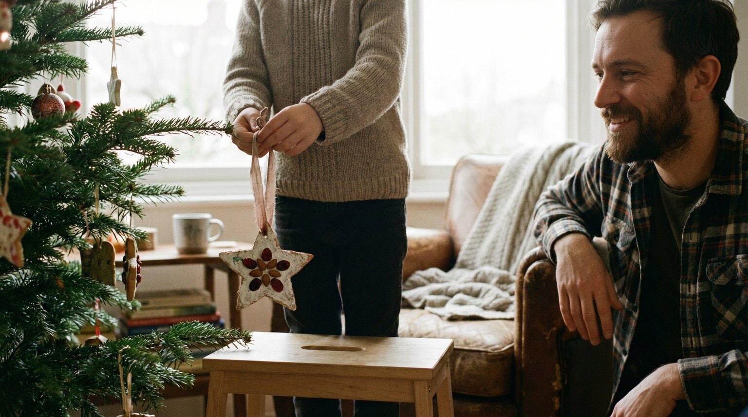 Child carefully placing handmade ornament on Christmas tree while stepparent watches warmly