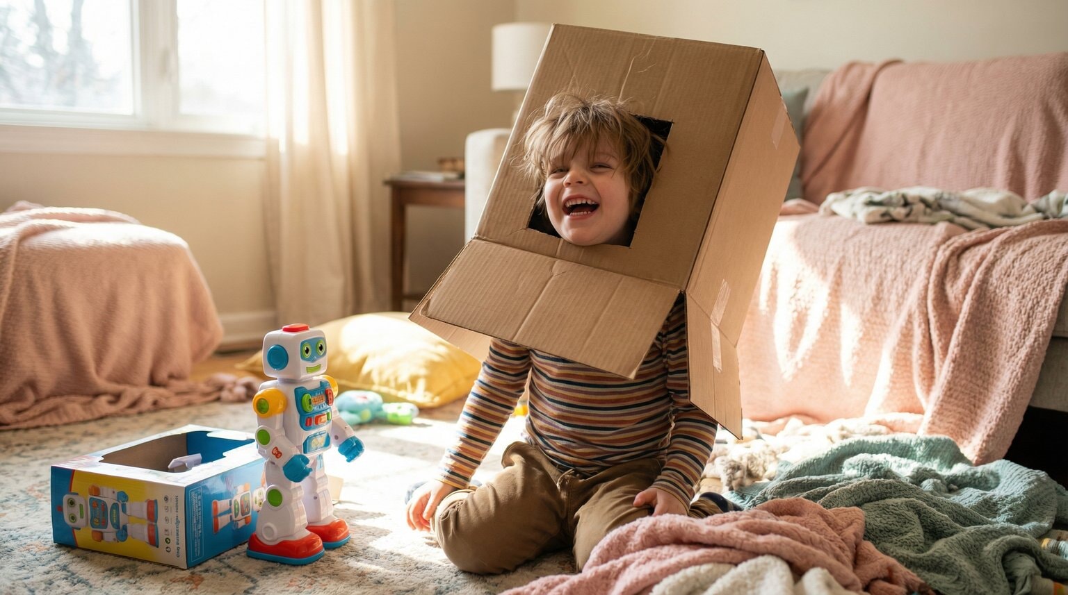 Joyful young child laughing while playing with cardboard box ignoring expensive toy nearby