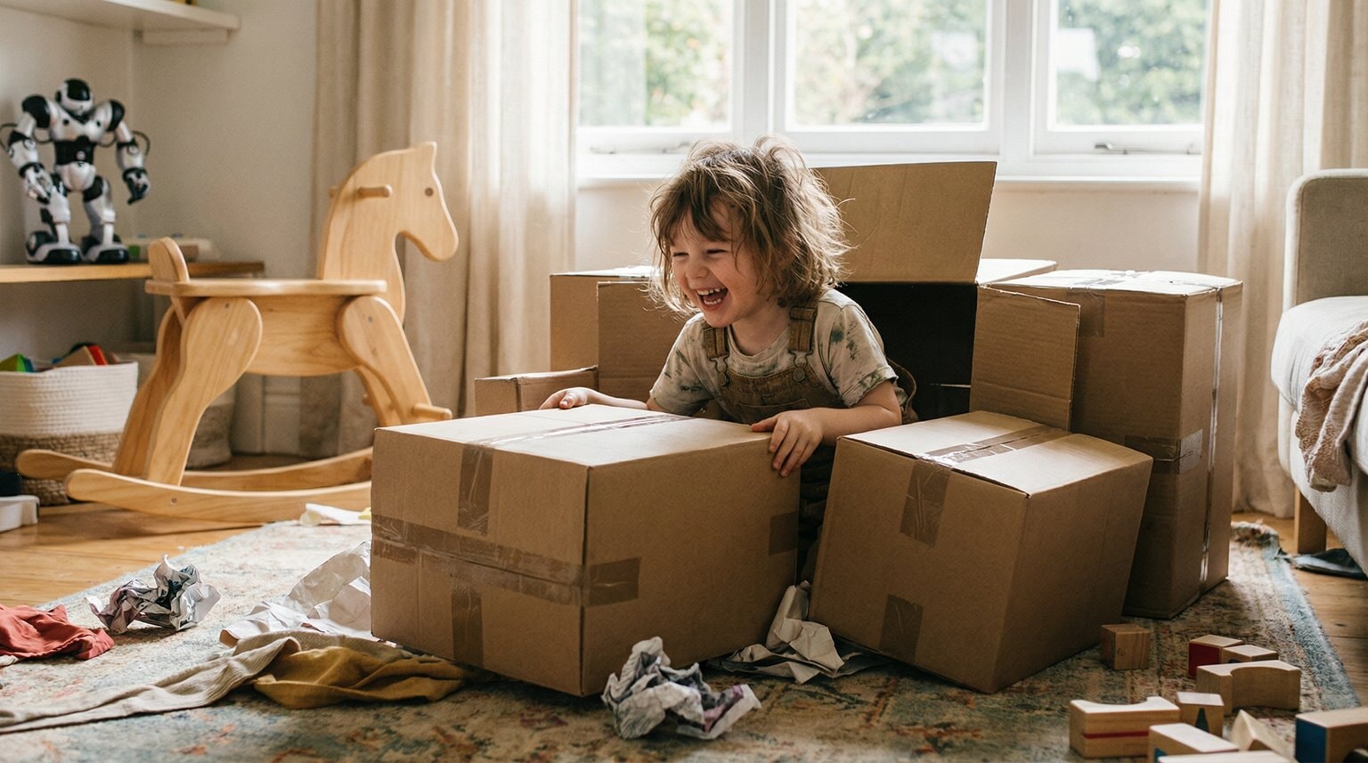 Young child gleefully playing with cardboard boxes while expensive toy sits ignored in background