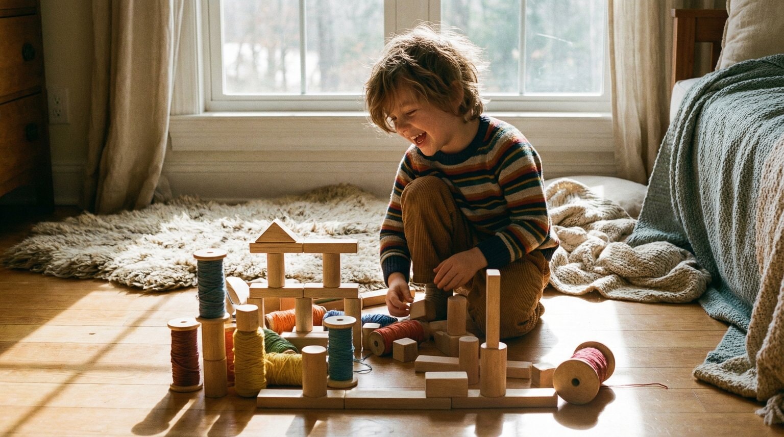 Young child joyfully playing with simple wooden blocks on sunny floor completely absorbed and happy