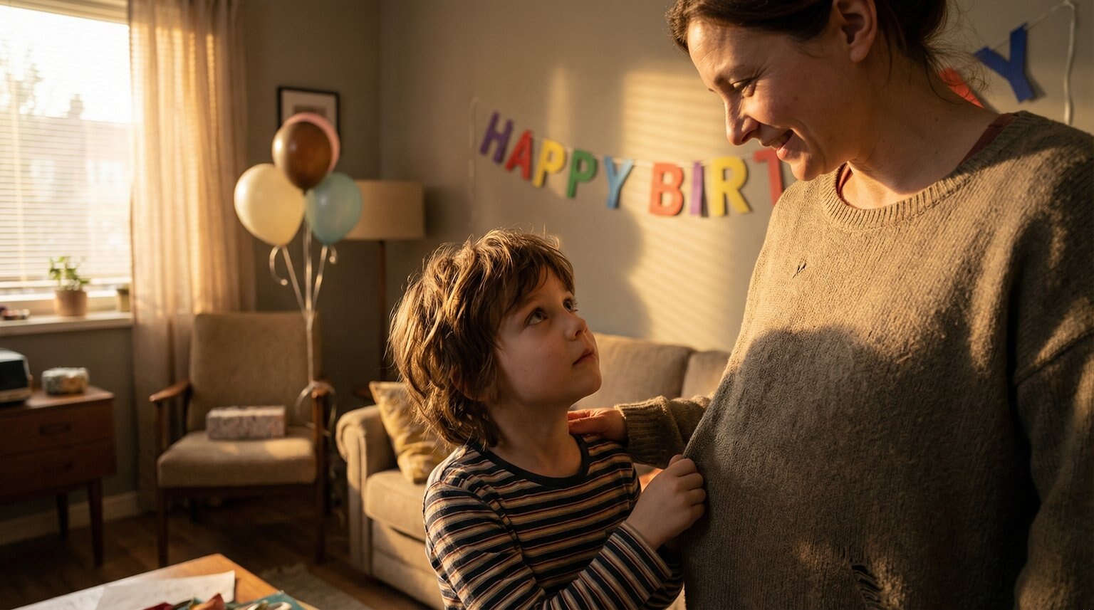 Young child looking up at parent with hopeful pleading expression while tugging their sleeve in living room with modest decorations