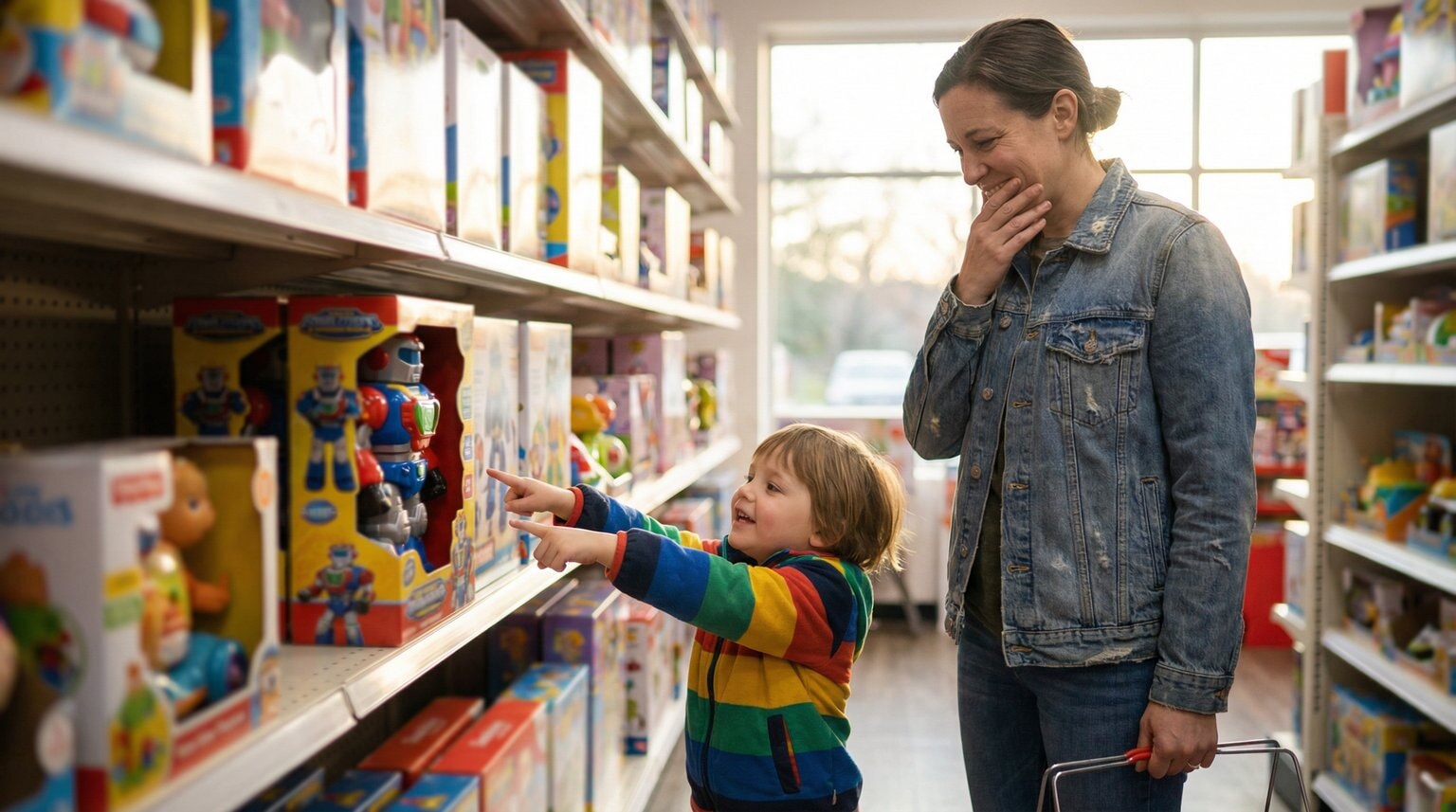 Parent and young child in store toy aisle with child pointing excitedly at specific toy on shelf