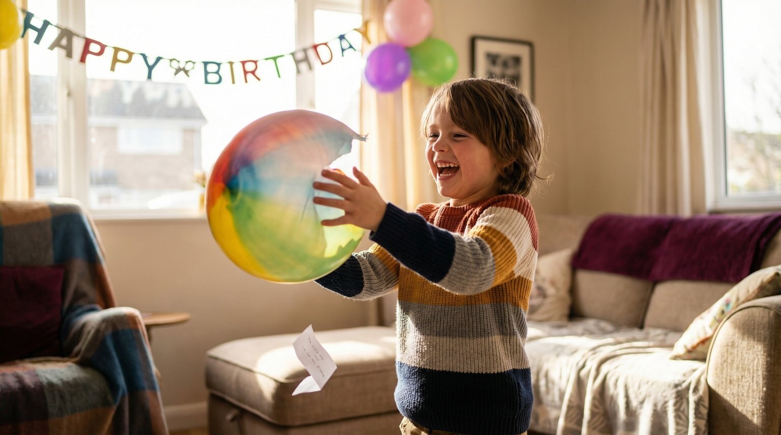 Excited child popping colorful balloon with activity slip falling out during birthday countdown