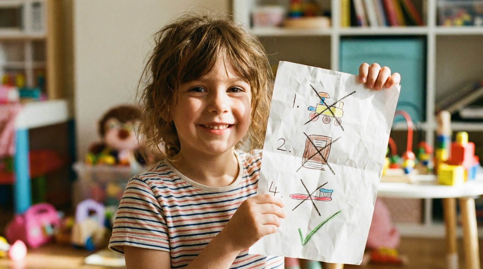 Young child proudly holding up colorful hand-drawn wish list with crossed-out items