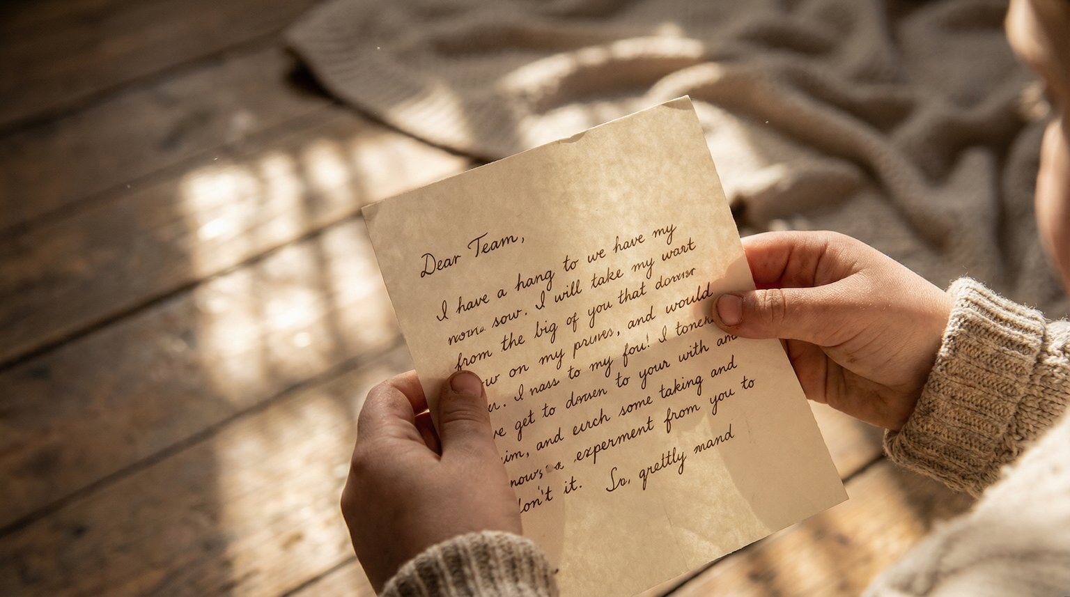 Child's hands holding a handwritten letter on beautiful stationery in warm golden light