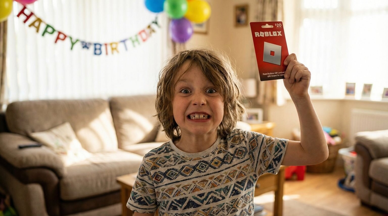 Child around eight years old making excited face while holding up Roblox gift card like a trophy with birthday decorations in background