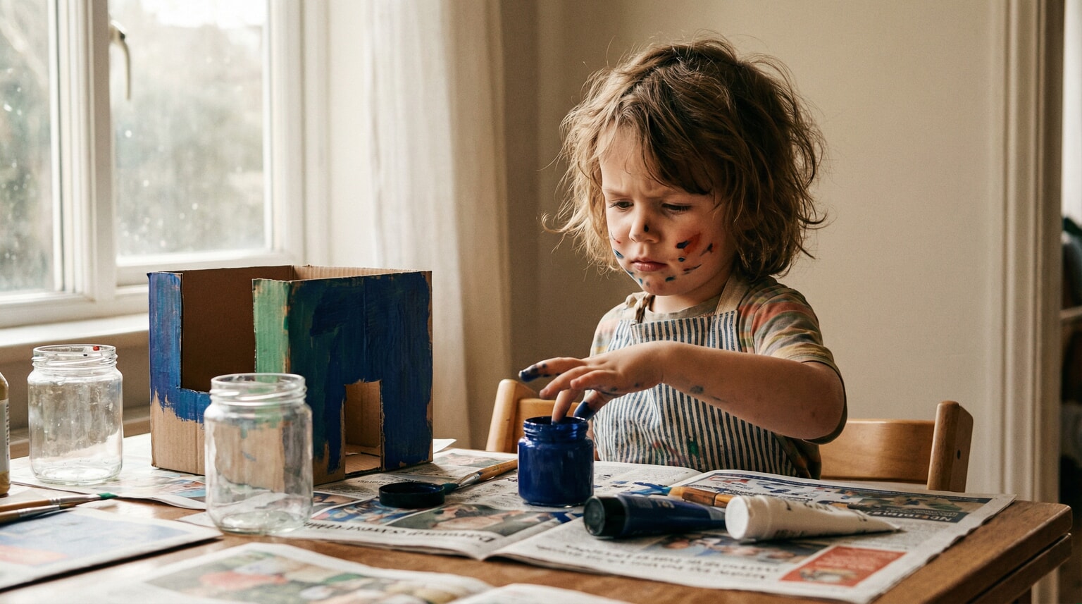 Five-year-old child thoughtfully selecting blue paint while making a craft project for someone else