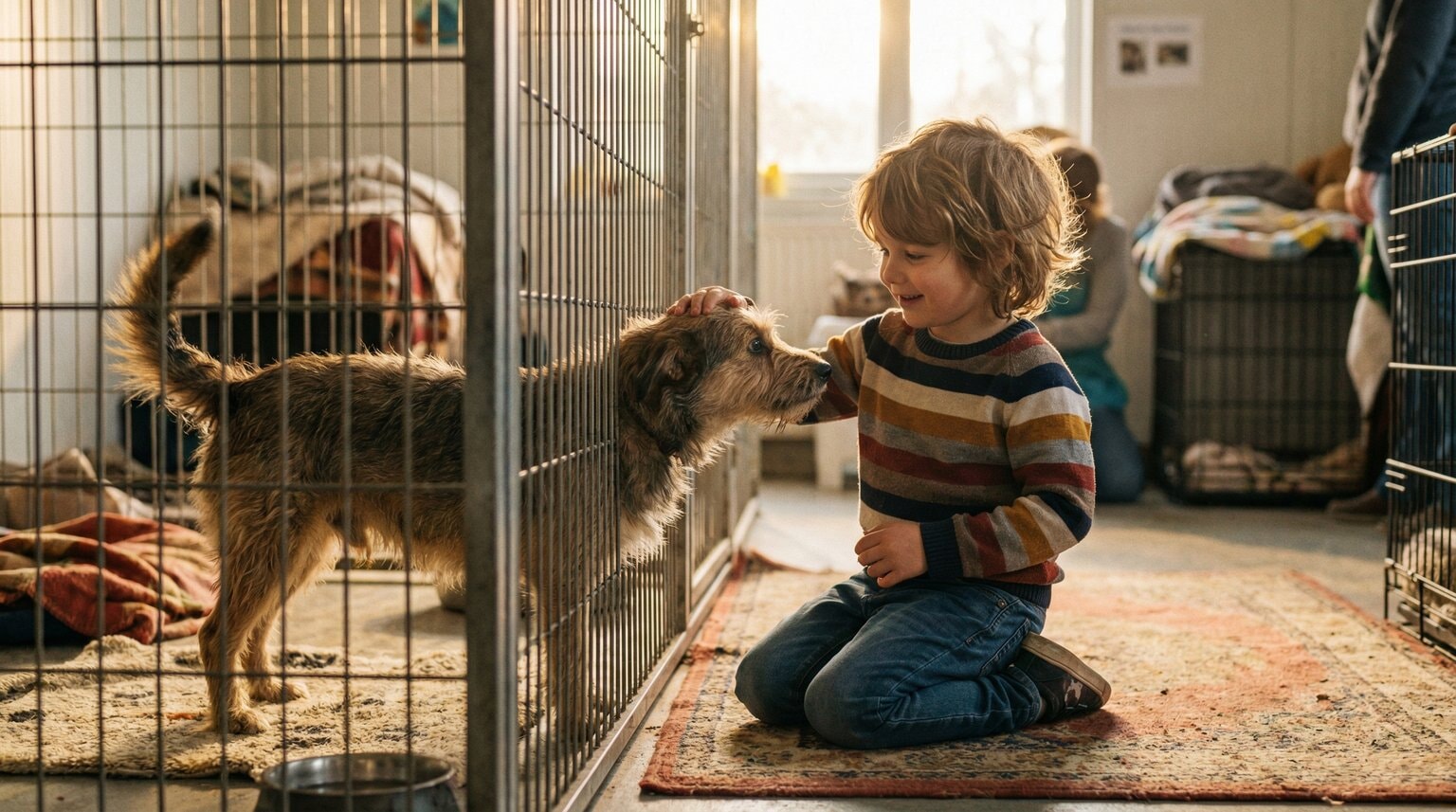 Young child kneeling beside friendly shelter dog, reaching out with compassion through kennel bars
