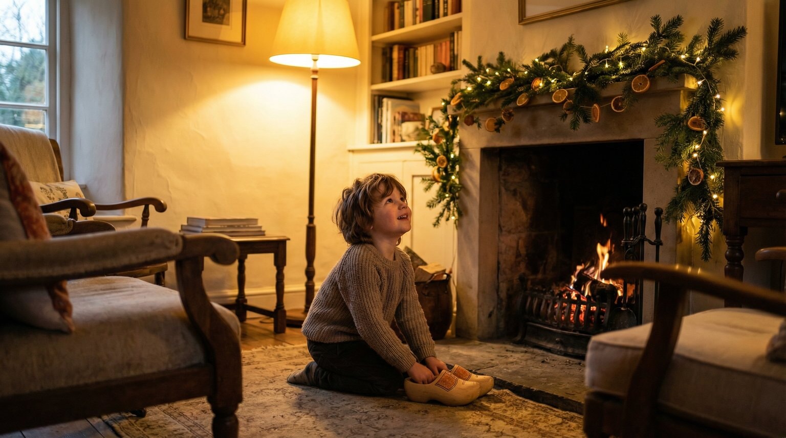 Young child placing wooden shoes by fireplace decorated with greenery in warm evening light