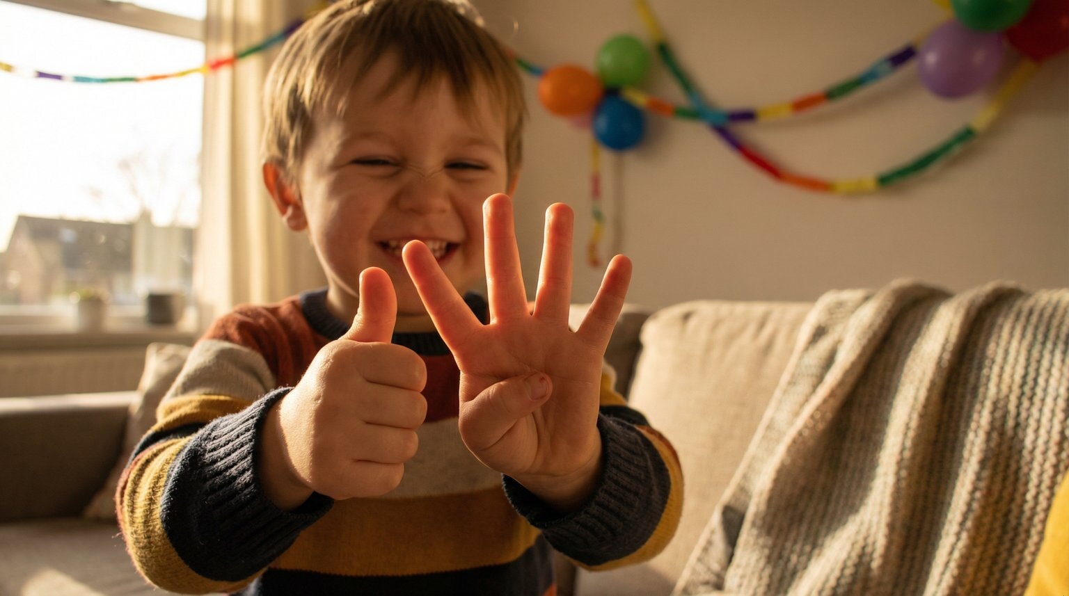 Young child proudly holding up fingers to show their age with birthday streamers blurred in background