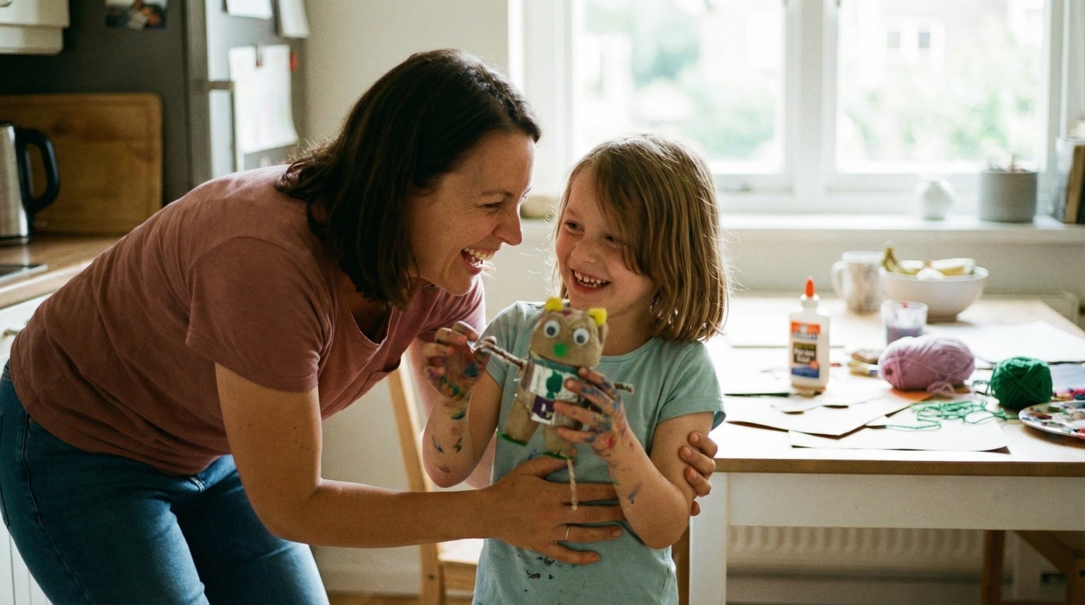 Joyful child around 8 years old proudly showing completed craft project to laughing parent