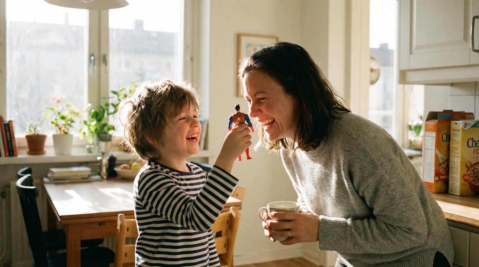 Young child excitedly showing small toy figure to amused parent in bright kitchen with genuine laughter