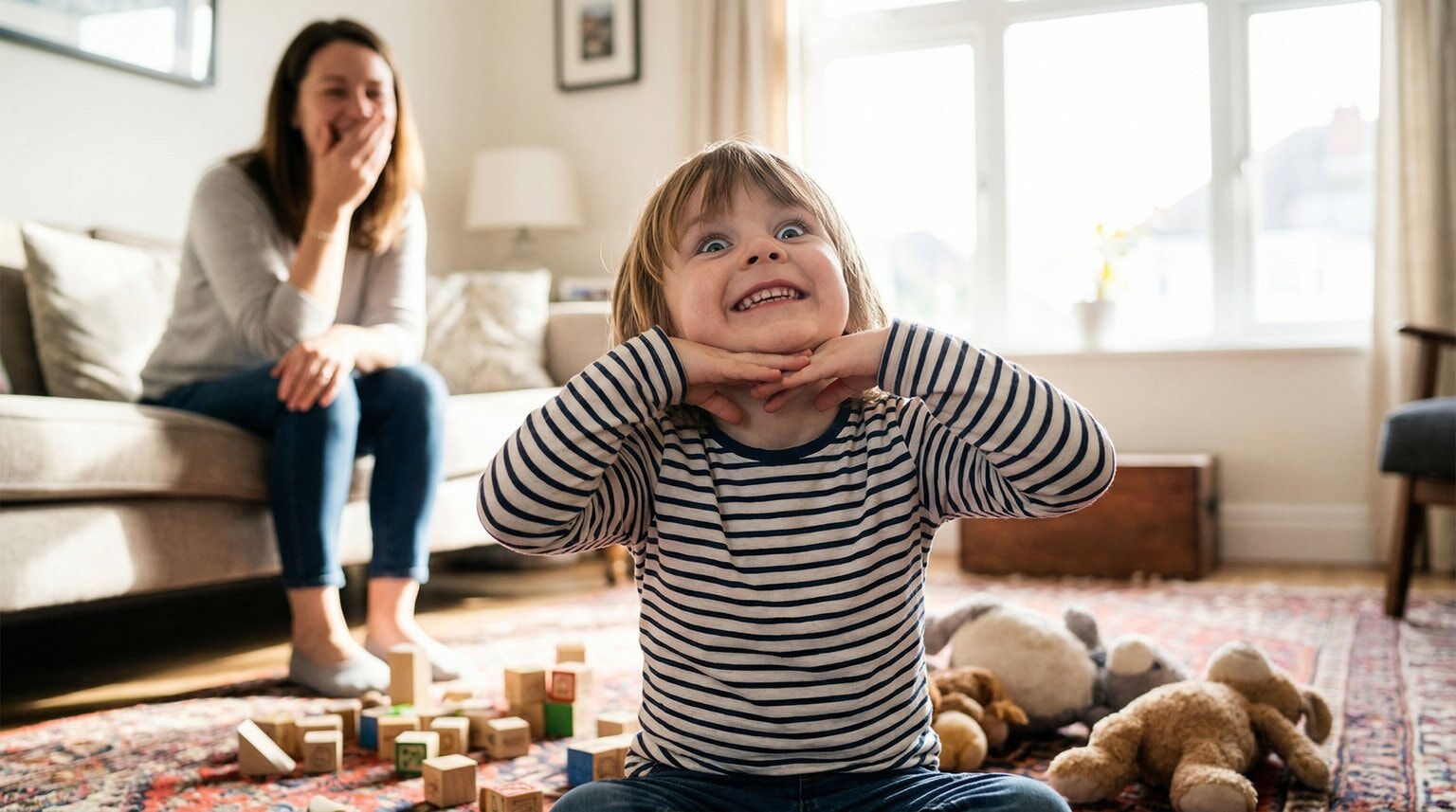 Young child with hands clasped in exaggerated thankful pose with silly grin while parent laughs in background