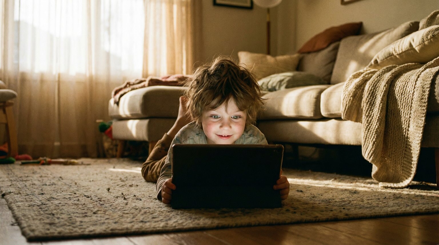 Young child lying on stomach on living room rug, face glowing from tablet screen while watching videos