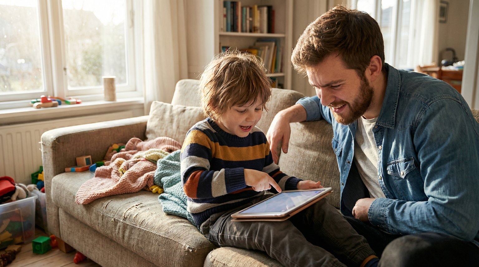 Young child on couch pointing excitedly at tablet screen while parent watches with curiosity and concern