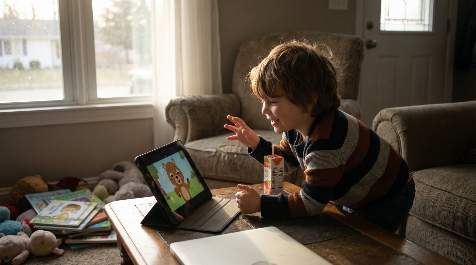 Young child talking animatedly to tablet screen as if having conversation with friend