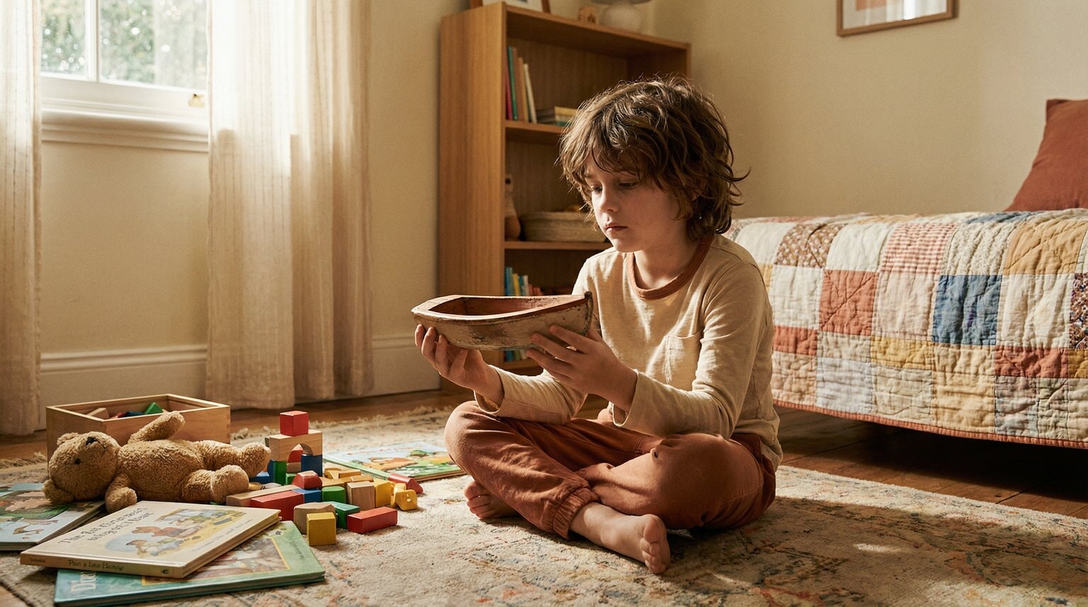 School-aged child sitting cross-legged contemplating toy in hands