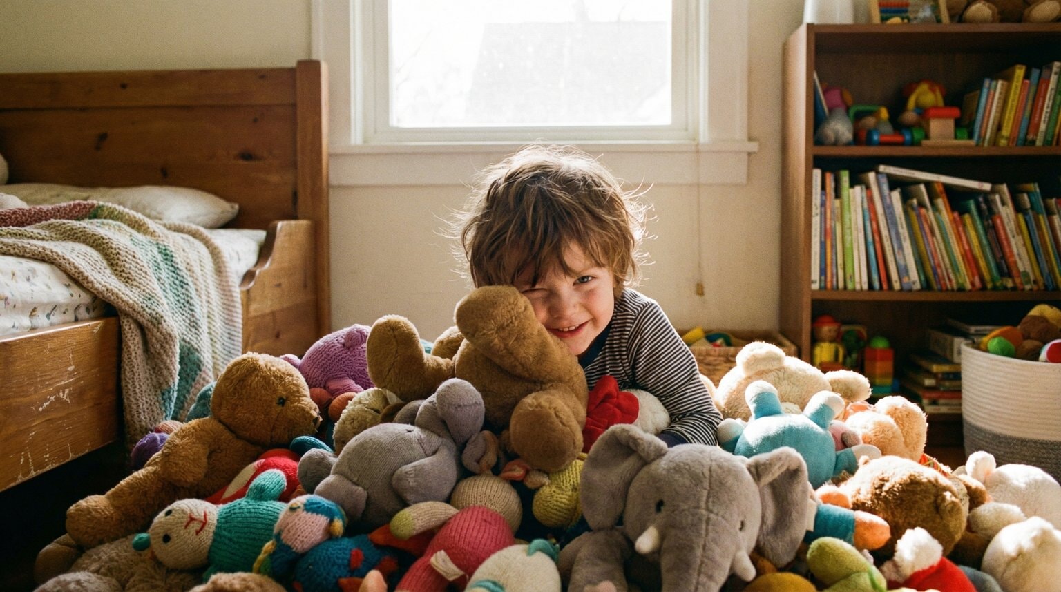 Young child peeking out from behind pile of colorful stuffed animals with mischievous grin