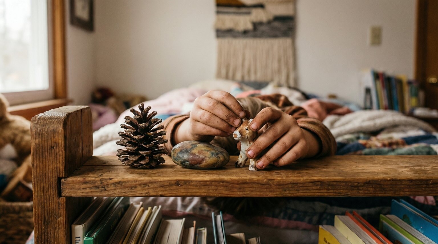 Child hands carefully holding treasured souvenirs including pinecone colorful rock and small figurine on wooden shelf