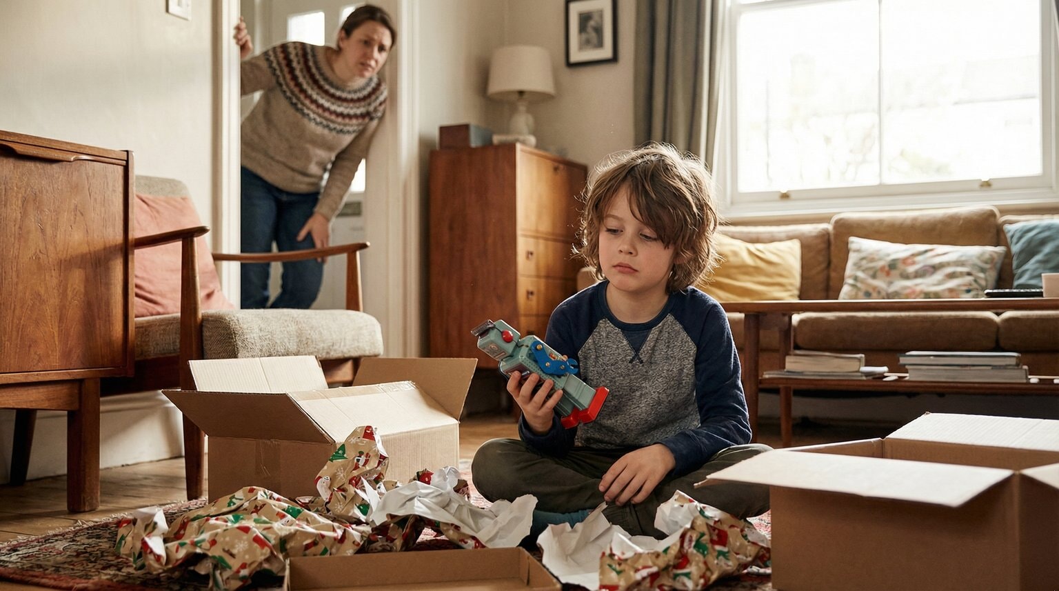 Young child sitting among birthday wrapping paper looking underwhelmed while holding a perfectly nice toy