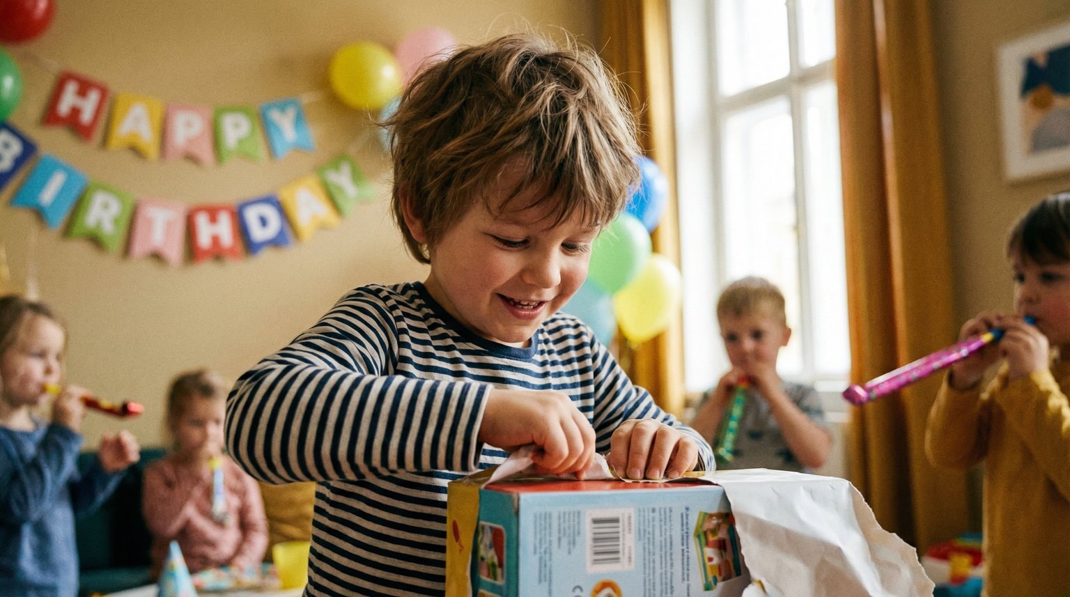 Preschooler focused on unwrapping toy at birthday party while other activities blur in background
