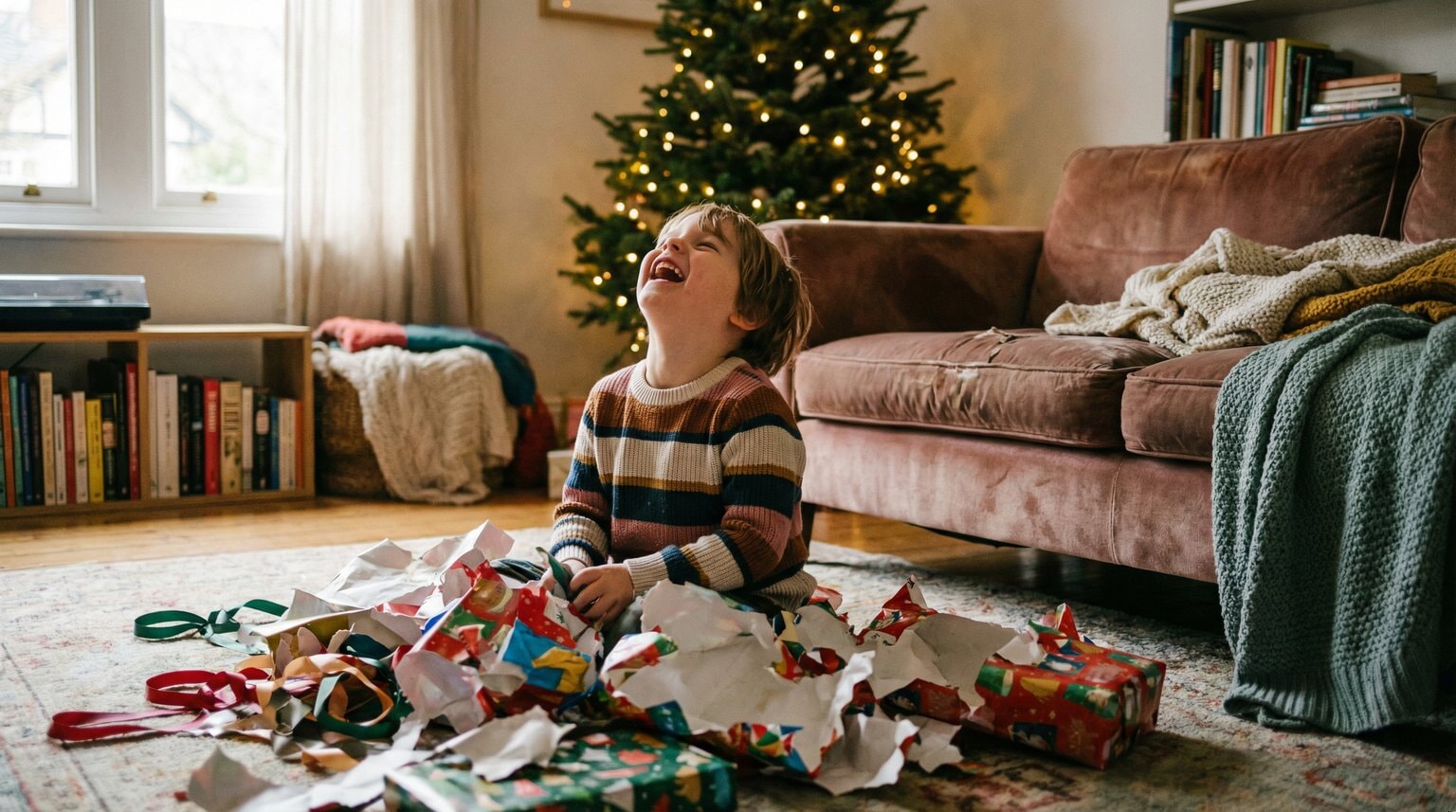 Young child surrounded by torn wrapping paper and ribbons laughing with genuine delight