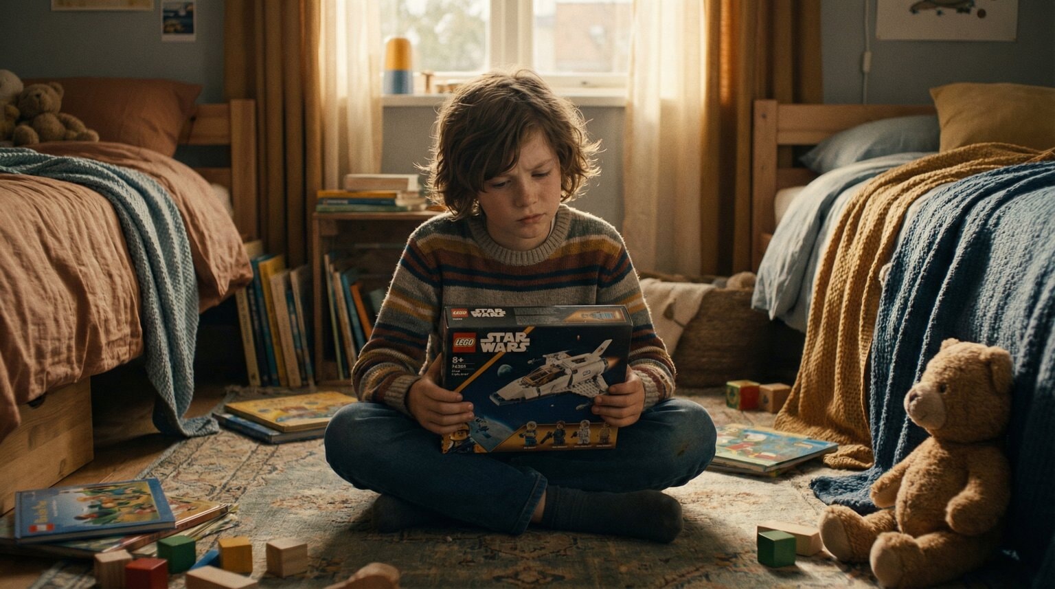 Ten-year-old child sitting on bedroom floor holding unopened toy with thoughtful expression in soft afternoon light
