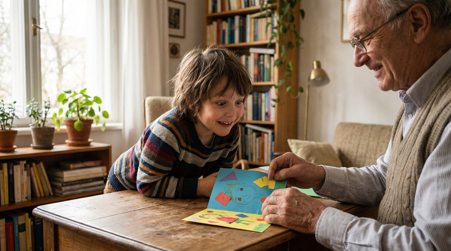 Child around 8 years old watching intently with bright anticipation as grandpa opens handmade card