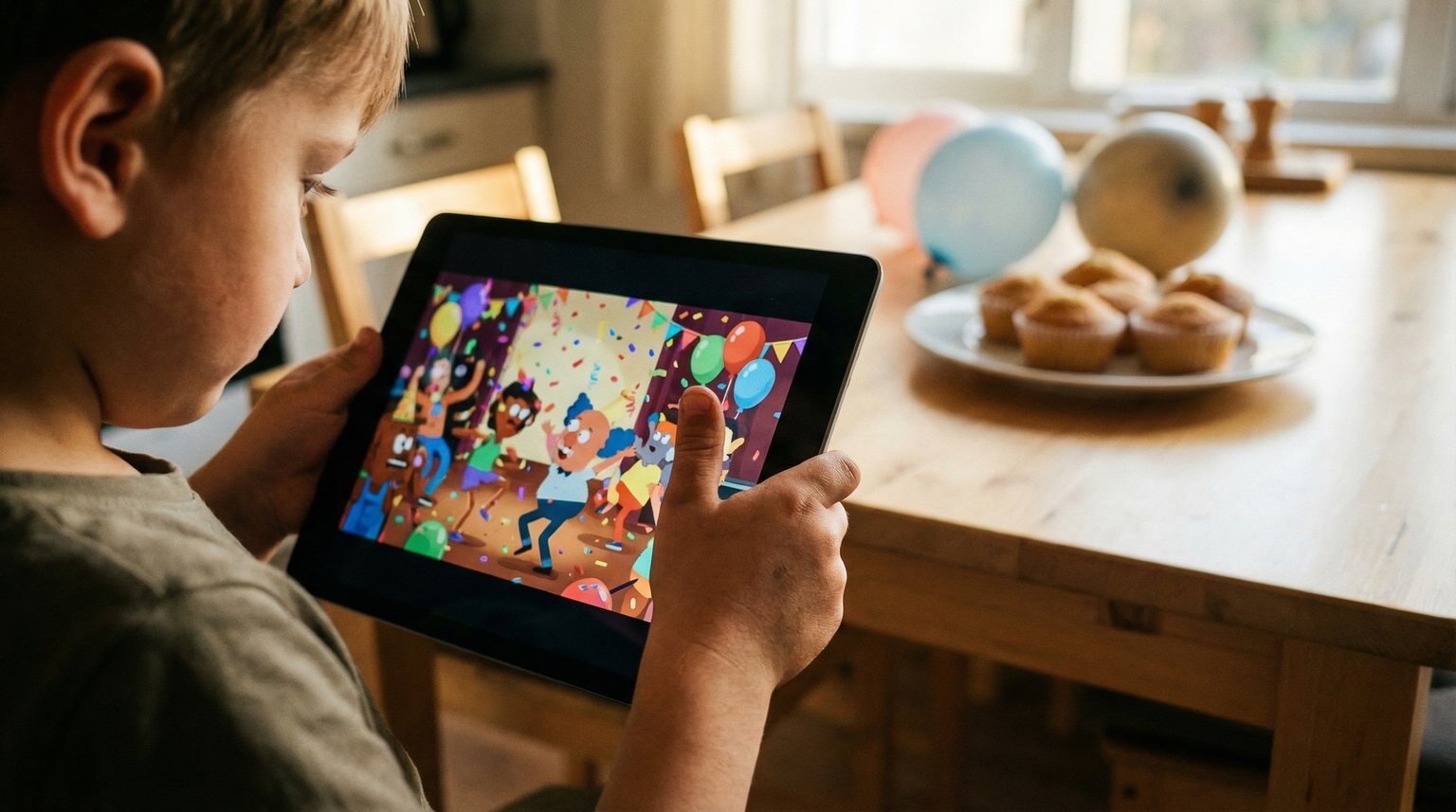 Child's hands holding tablet showing colorful party video with modest cupcakes visible in background