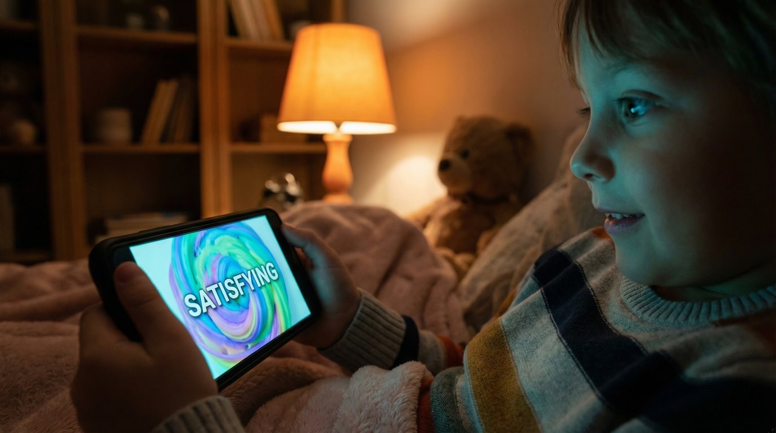 Child mesmerized by smartphone screen watching satisfying slime video with screen glow on face