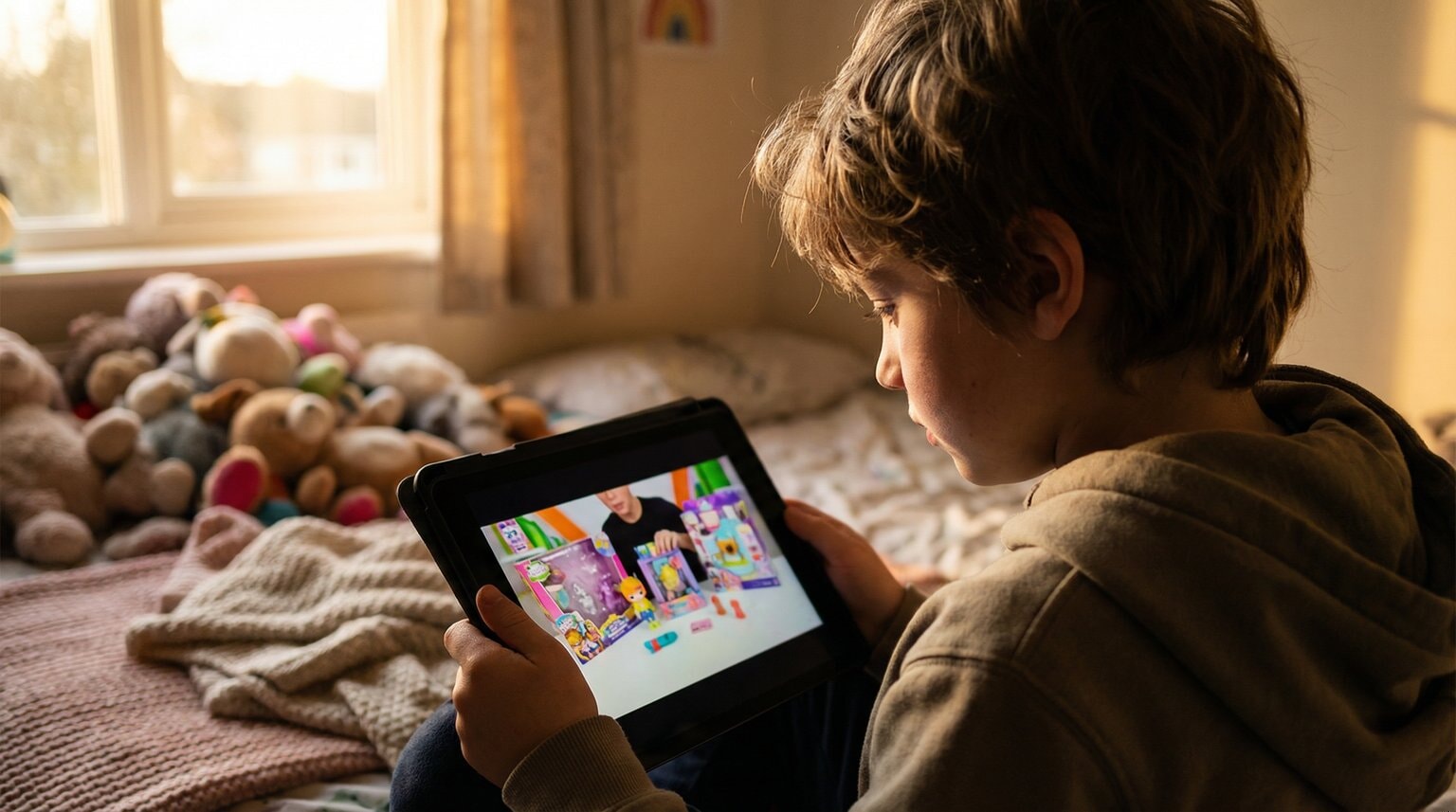 Child watching tablet screen showing colorful unboxing video with engaged fascination