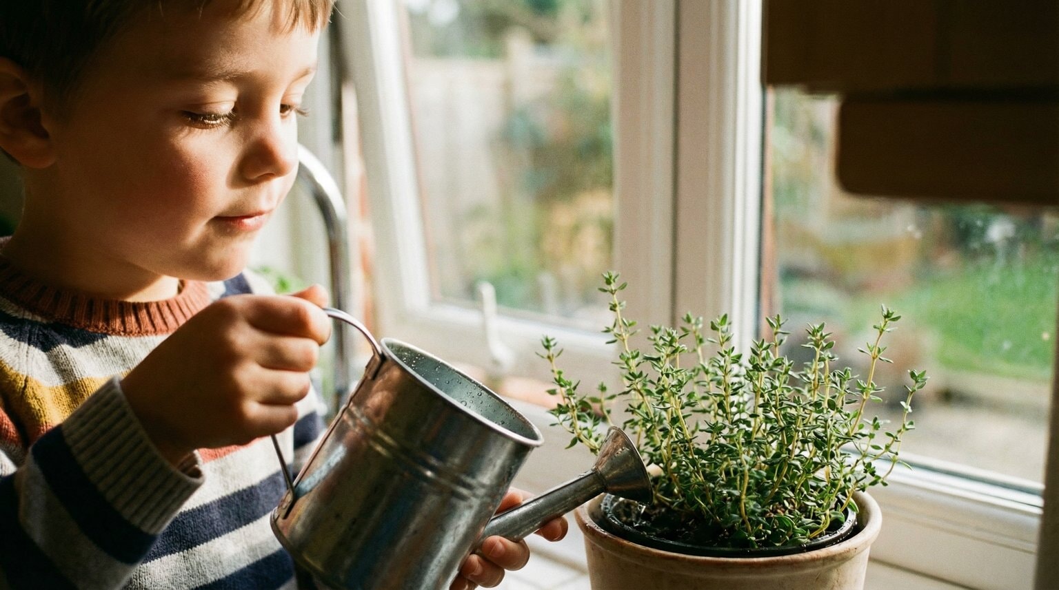Young child carefully watering small potted herb on sunny windowsill with focused caring expression