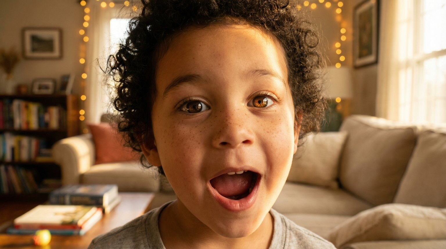 Young child's face showing genuine wonder and excitement with sparkling eyes and open-mouthed surprise