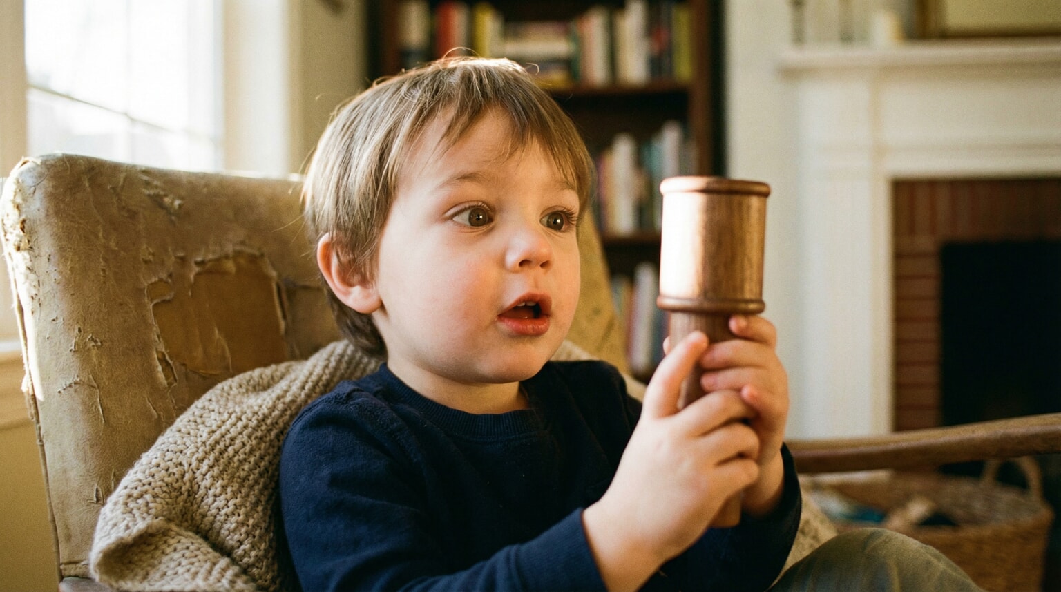 Close-up of young child's face showing wonder and focus while examining a single special toy
