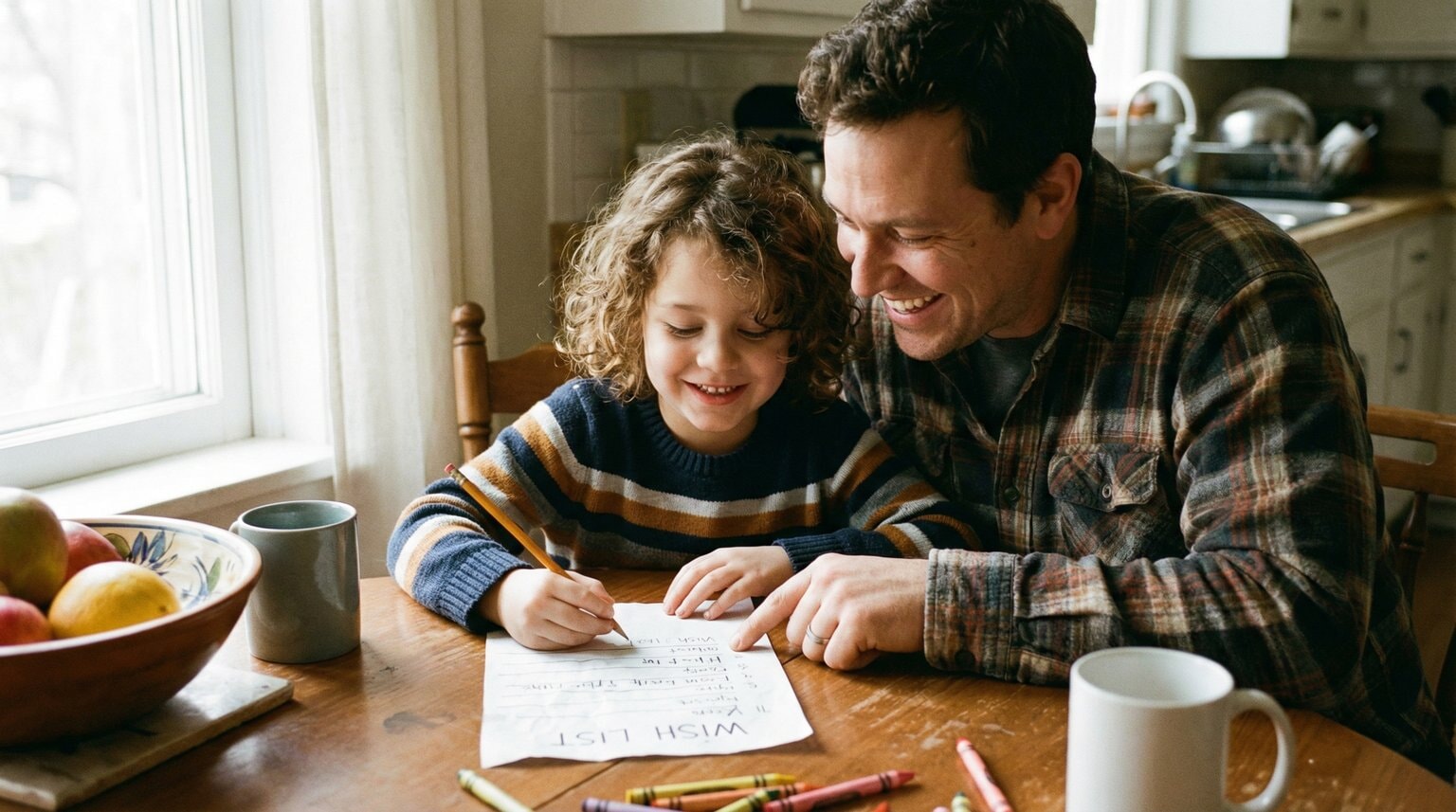 Parent and young child sitting at kitchen table together writing a wish list