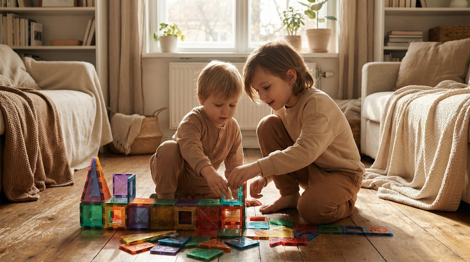 Two children of different ages deeply focused building together with colorful magnetic tiles on wooden floor