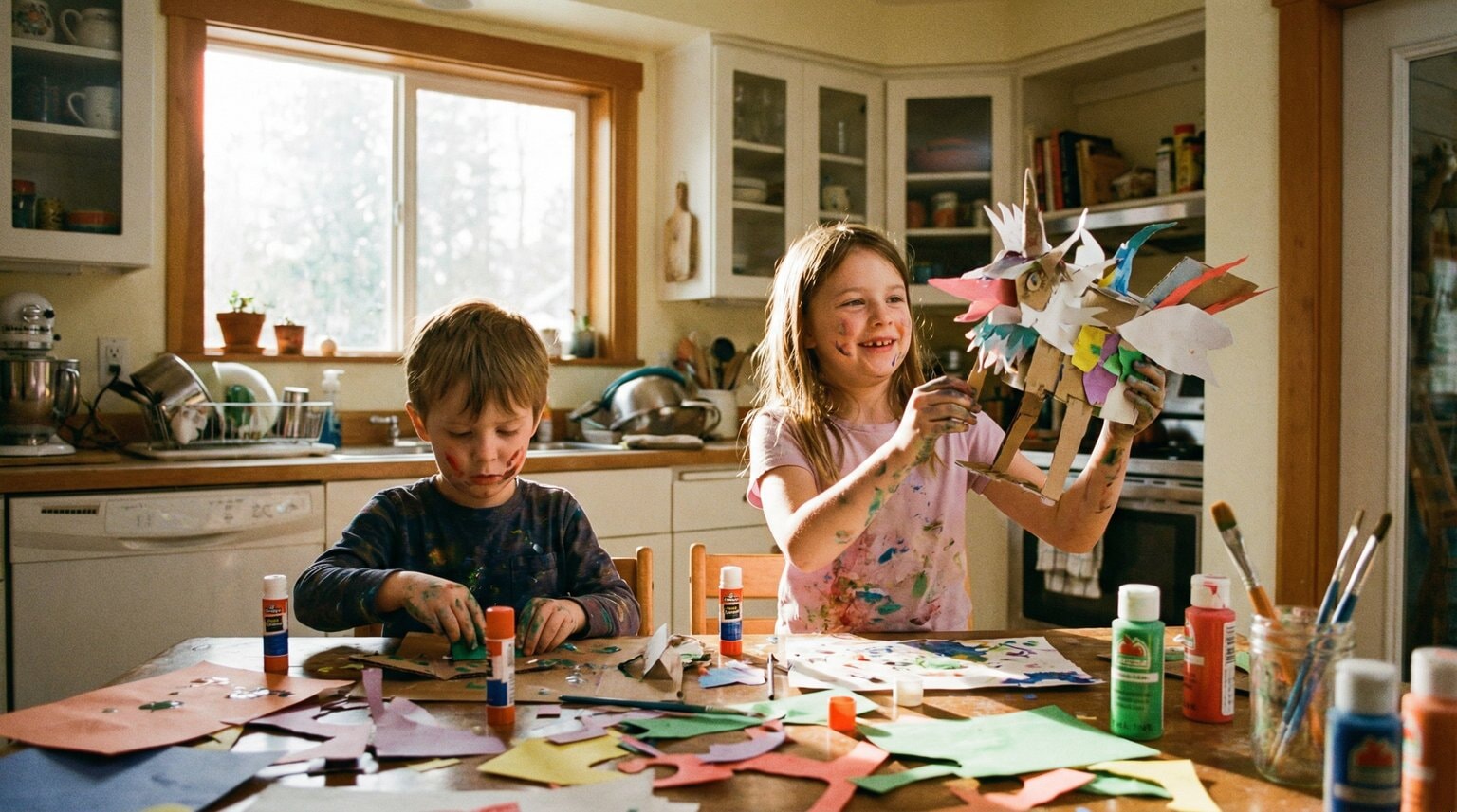 Two children absorbed in craft project at kitchen table with colorful supplies scattered around