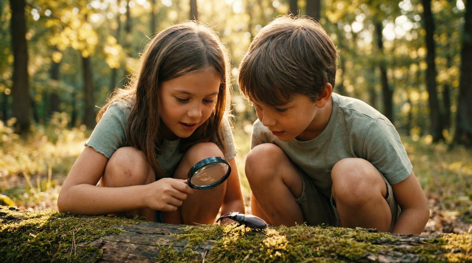 Two children around age 8 examining something in nature together with curiosity in dappled sunlight