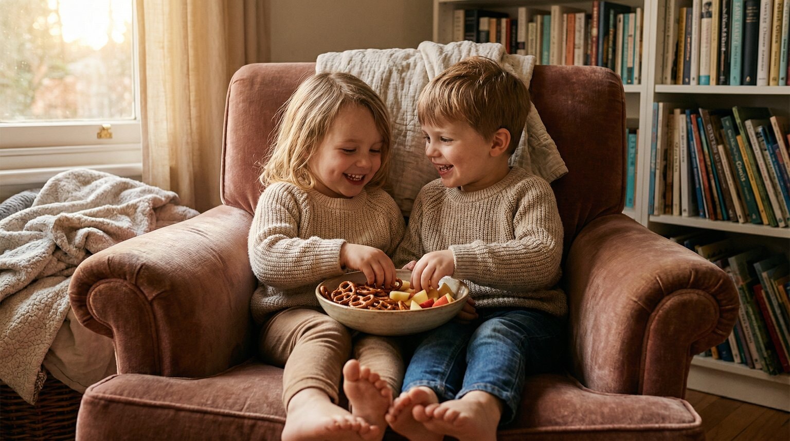 Two 4-5 year old children genuinely sharing snacks together on couch