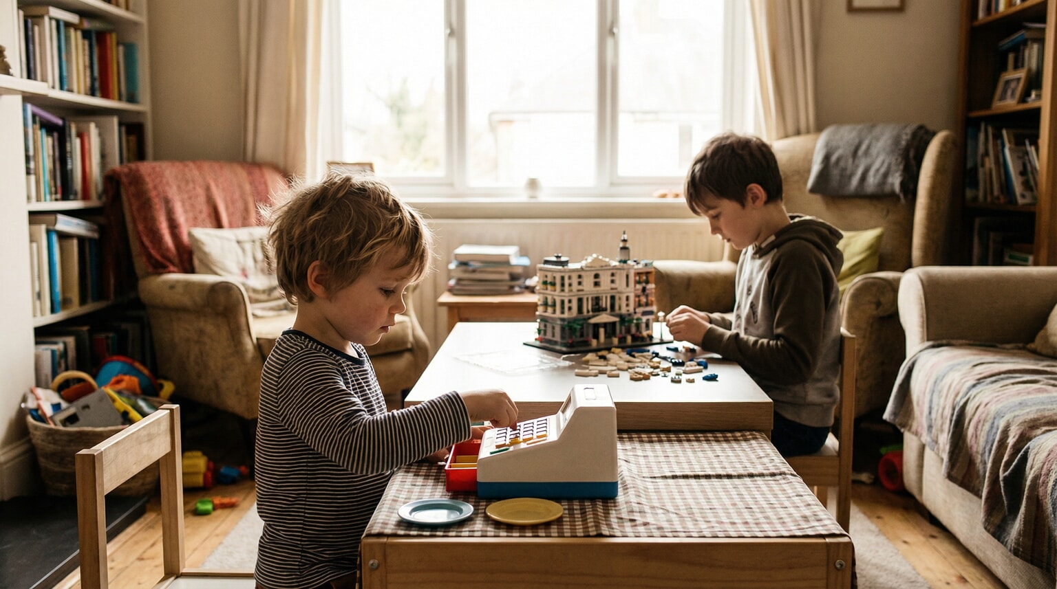 Preschooler playing pretend restaurant with toy cash register while older sibling builds LEGO architecture set nearby