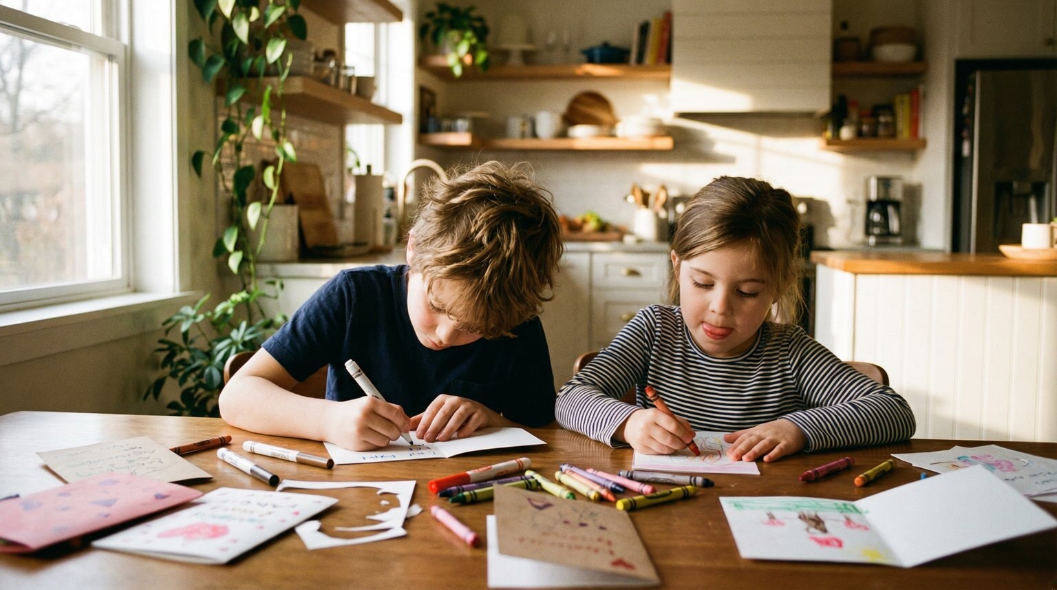 Two siblings writing holiday cards together at kitchen table with crayons and markers