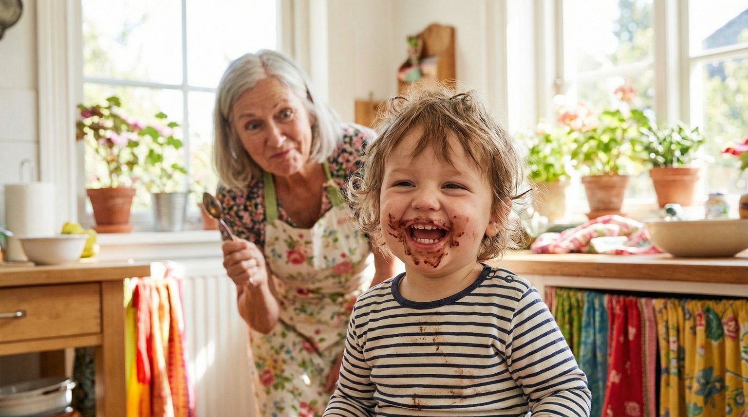 Young child giggling with chocolate smeared around mouth while grandmother tries to look innocent in background