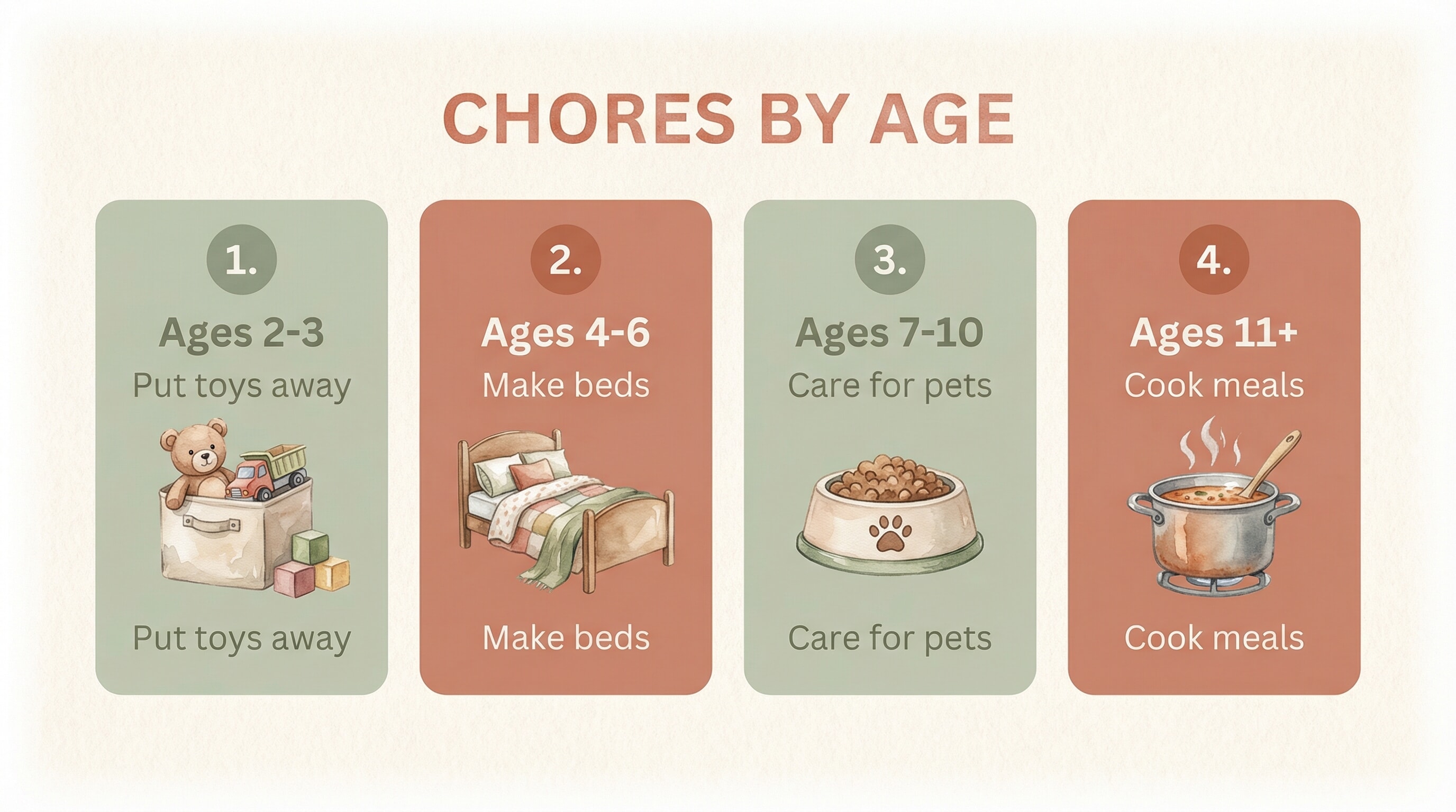 Four-step diagram showing age-appropriate chores from toddlers to teens