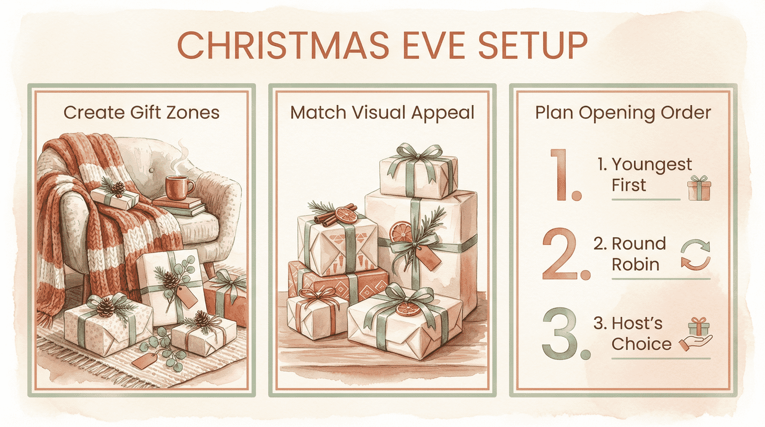 Infographic showing three Christmas Eve setup steps: create gift zones, match visual appeal, plan opening order