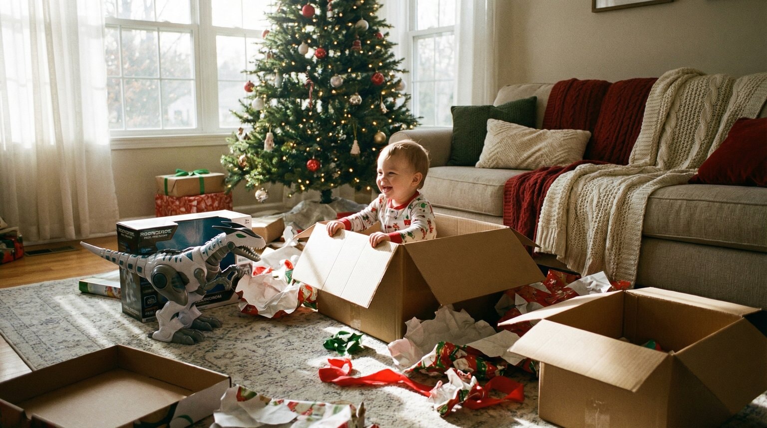 Toddler happily sitting inside cardboard box ignoring expensive toys scattered on living room floor Christmas morning