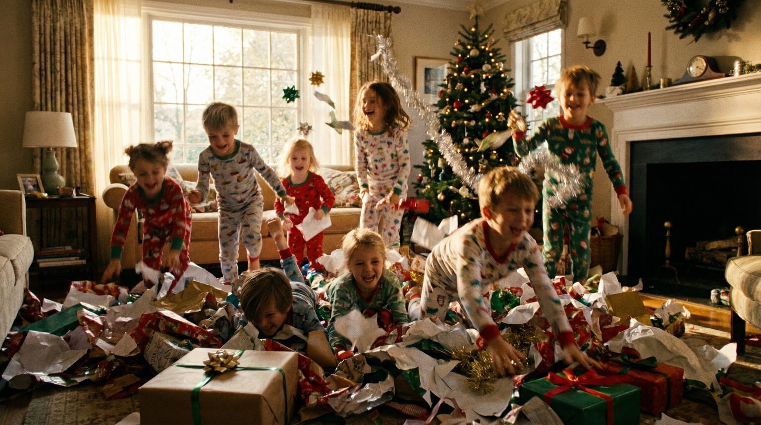 Kids excitedly diving into pile of wrapped gifts on Christmas morning with flying ribbon and genuine joy