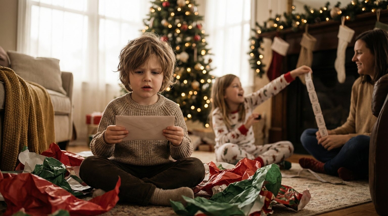 Five-year-old sitting among torn wrapping paper holding envelope with puzzled expression while older sibling excitedly shows tickets to parent