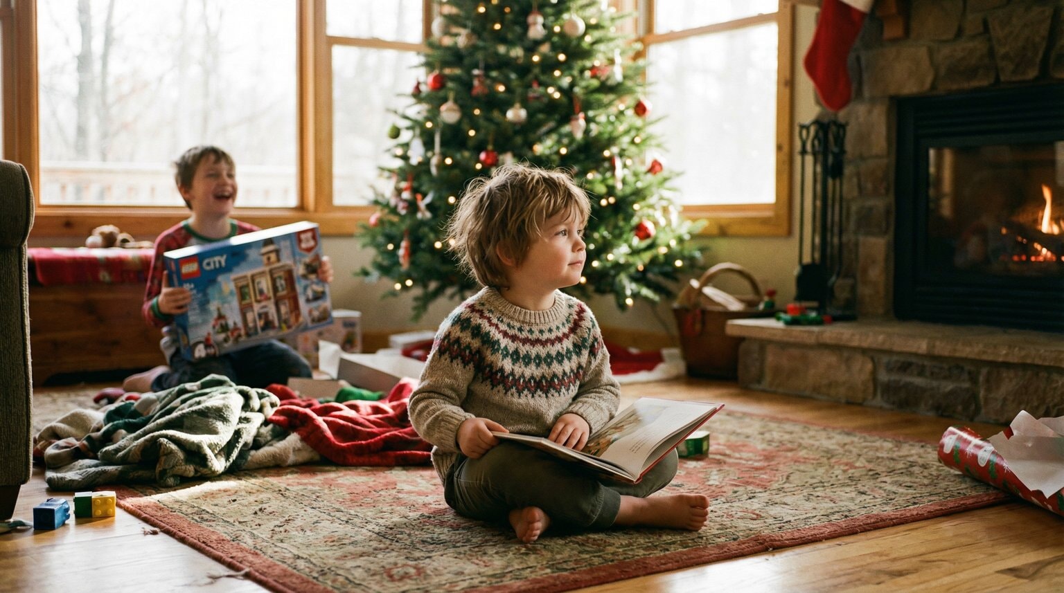 Young child sitting near Christmas tree looking sideways wistfully while holding gift, sibling excited in background