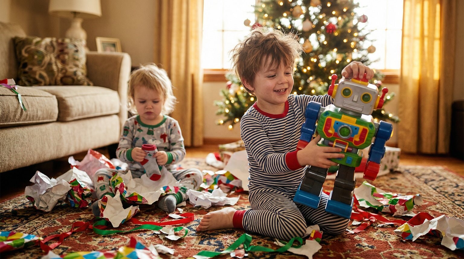 Two children in pajamas surrounded by wrapping paper one excited one disappointed with Christmas tree behind