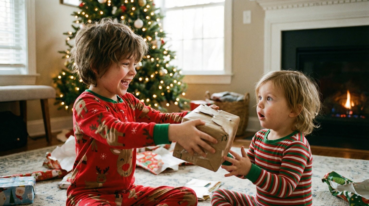 Child excitedly handing wrapped gift to younger sibling on Christmas morning with tree lights in background